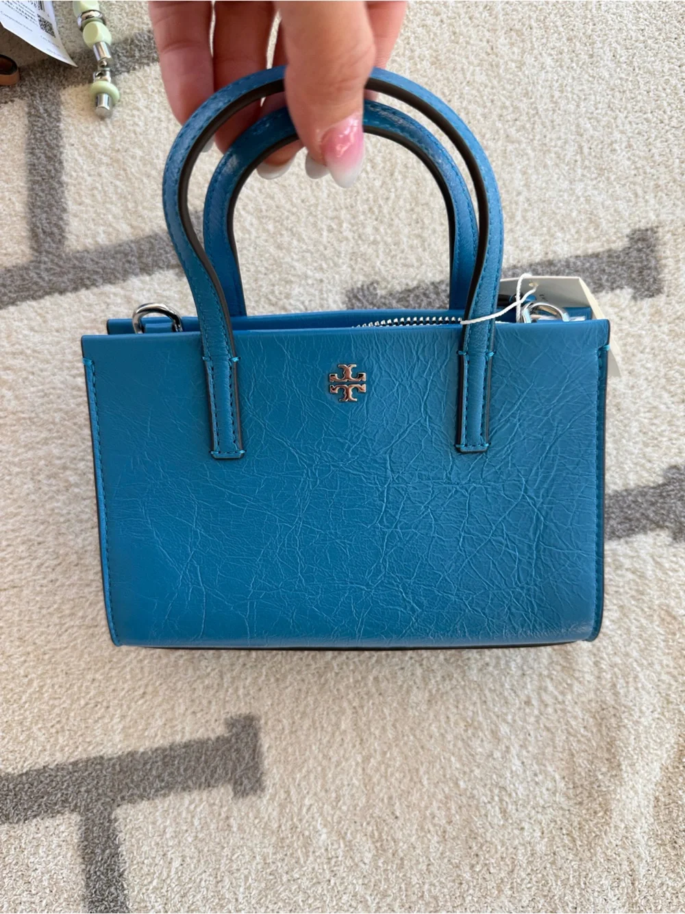 Tory Burch Bright Blue Leather Satchel with Gold Logo